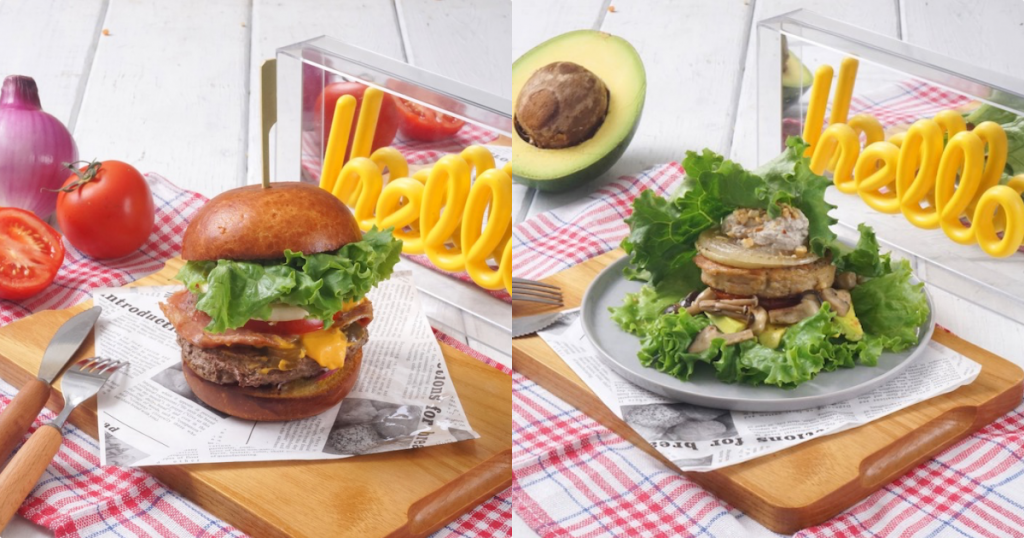 Aunt Stella詩特莉全新春季菜單主餐：「美式經典極肉漢堡」（左）與「私房蔬烤豆腐排漢堡」（右）